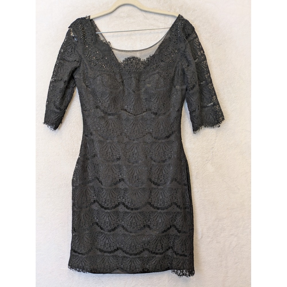 Ed Young Cocktail Dress Women's Medium Black‎ Lace Beaded 3/4 Sleeve V-Neck Mini
